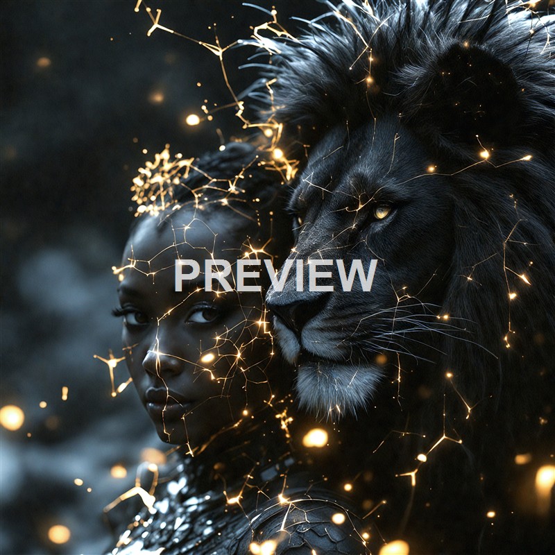 The image depicts a dark-skinned woman with an intense gaze, intertwined with a large black lion, both surrounded by glowing, golden, web-like light patterns.